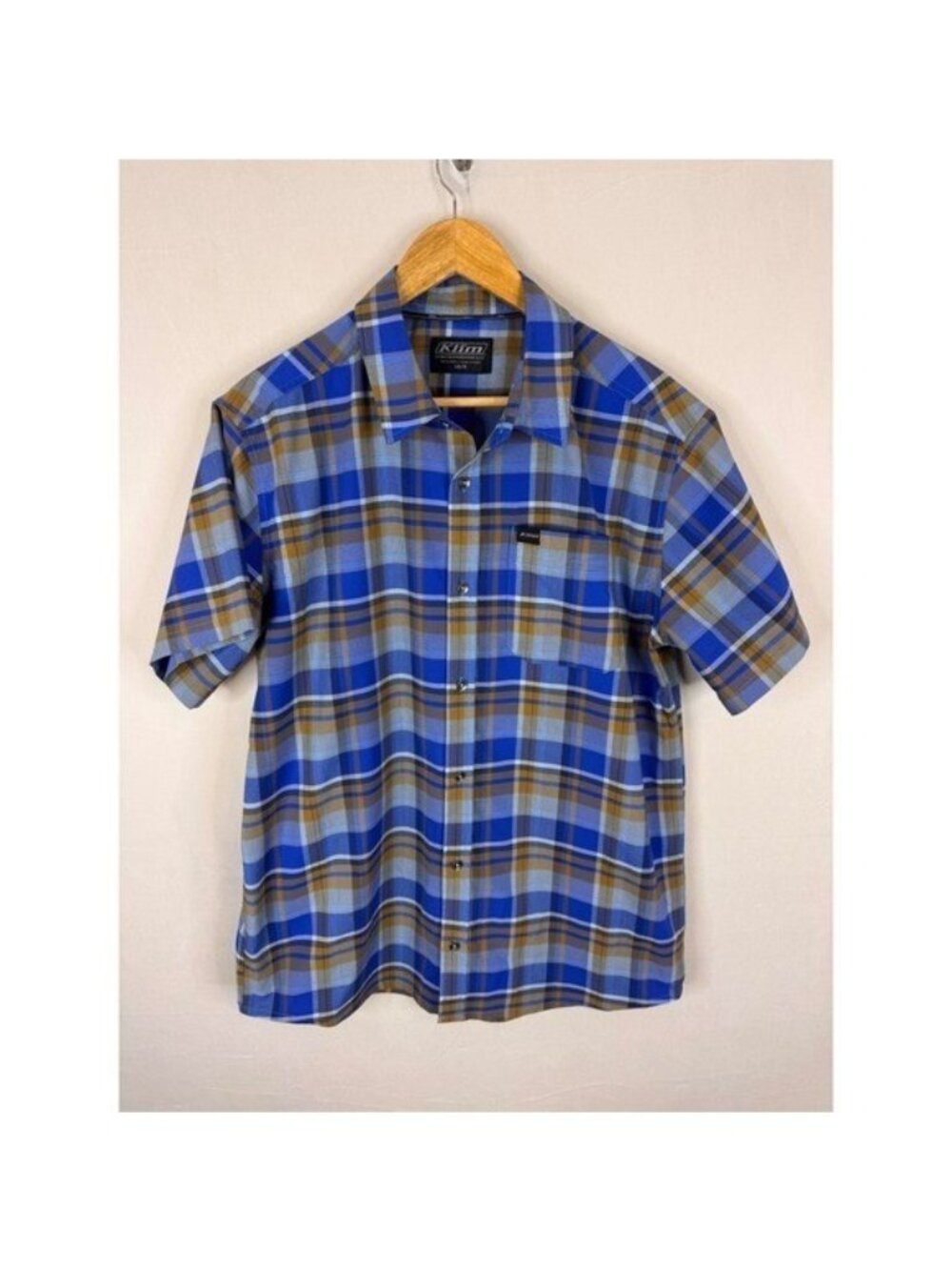 Klim Mens Blue Tan Plaid Short Sleeve Button Down Performance Shirt Large